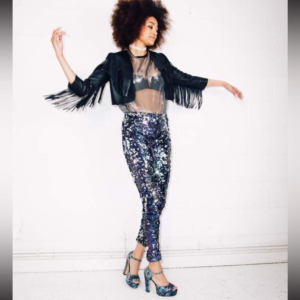 Sparklebutt Purple Blue Silver Sequin Disco Inspired  Jersey Lined Pants NWT S